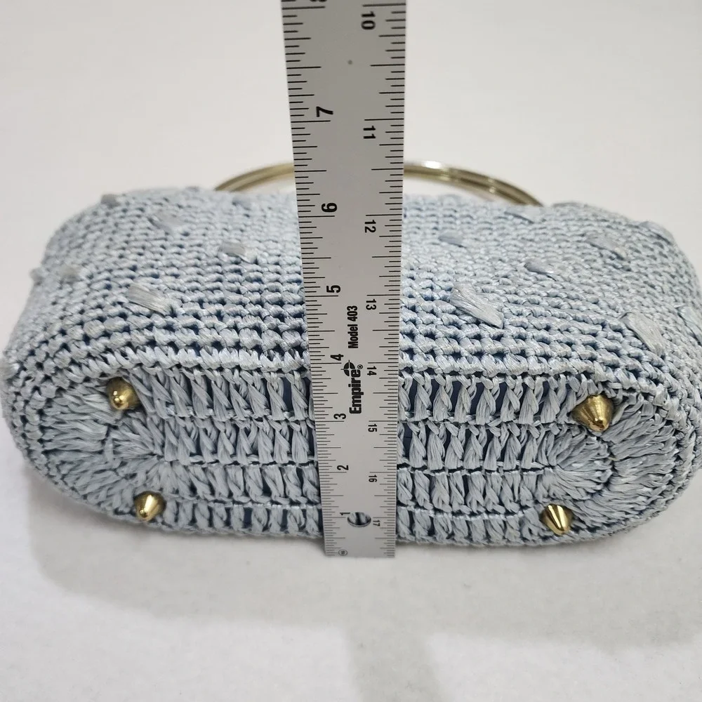 Vintage Gaymode Raffia Clutch Purse Womens Blue Woven Kiss Lock Inner Pocket